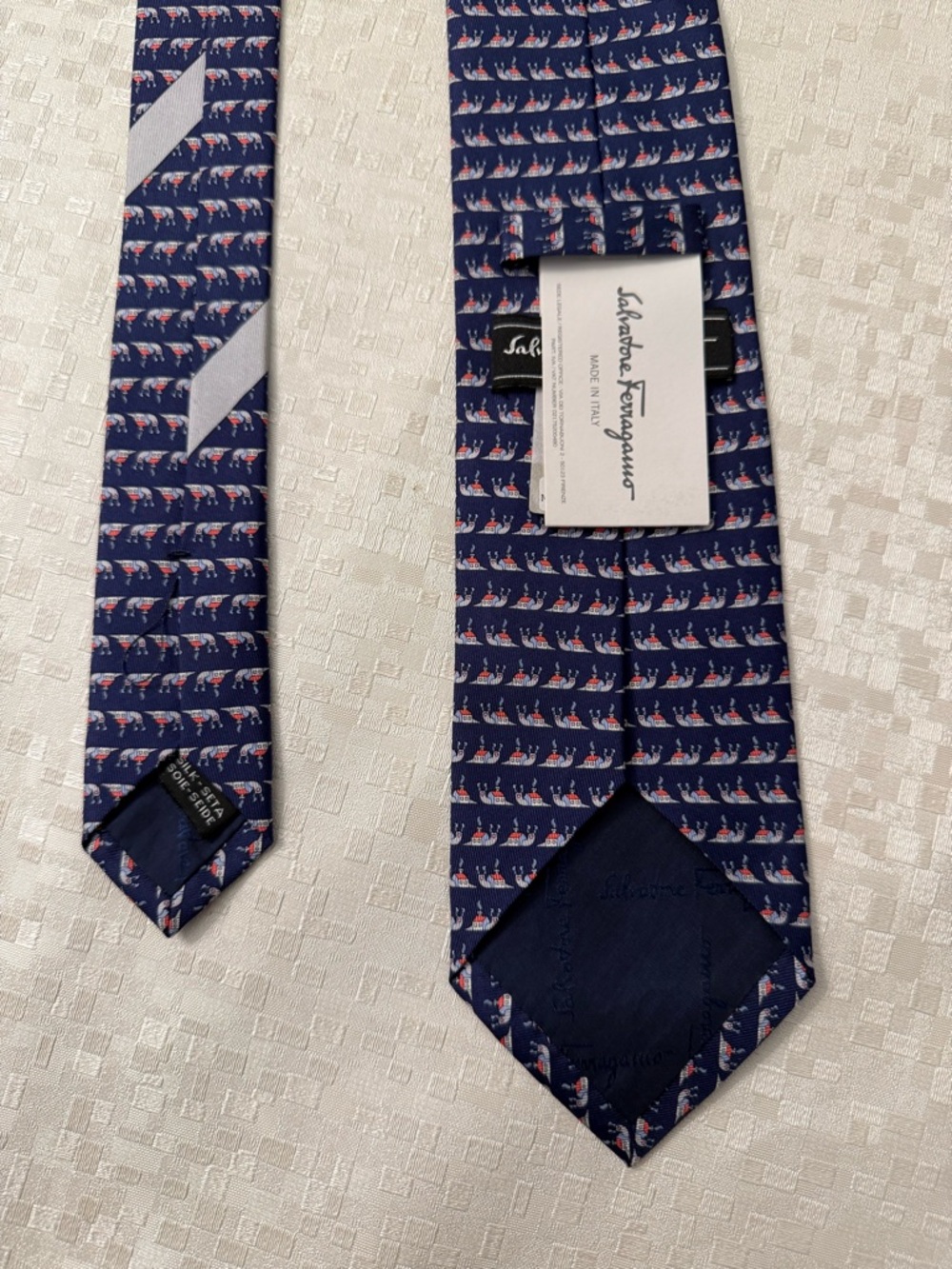 Salvatore Ferragamo Navy Silk Tie with Red & White Sailboat Motif
